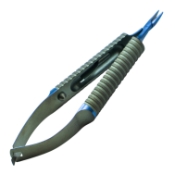 Rosin-Dacamara Big Grip Needle Holder, Titanium, Curved, 8mm Long Extra Delicate Jaws, Handle Diameter 12.5mm, Special Pin System, Round Grooved Handle, Overall Length 5-1/2" (129mm) 